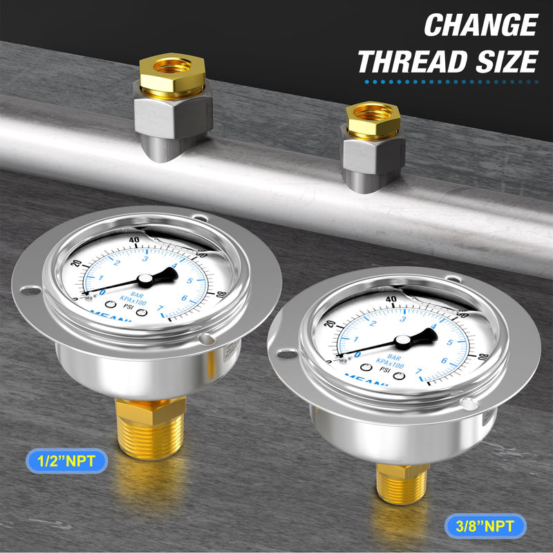 MEANLIN MEASURE 0~100Psi Liquid Filled Pressure Gauge Front Flange Panel Mount, 1/4" NPT 2.5" FACE DIAL Stainless Steel Case with Phillips Screw and Nut, +/-3-2-3%
