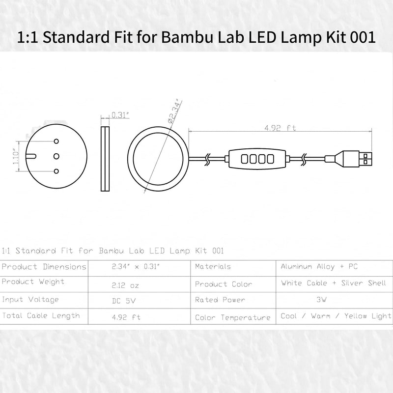 USB LED Lamp Kit 001 for 3D Printed Projects, High-Brightness Backlight Board for Lithophane & Night Light, Compatible with Bambu Lab A1/P1/X1 Accessories DIY Kit. 5-Pack.