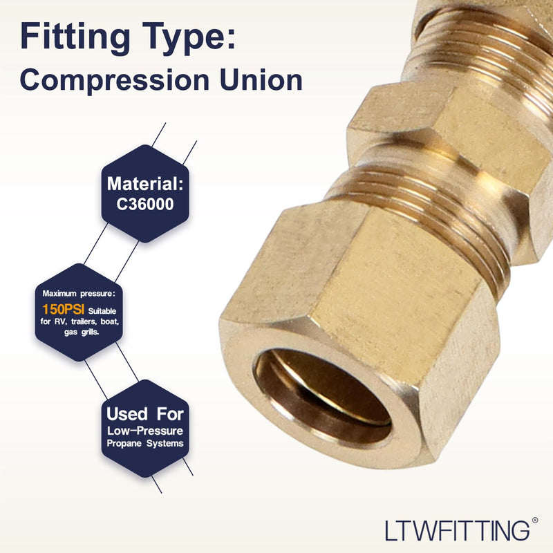 LTWFITTING 7/16-Inch OD Compression Union,Brass Compression Fitting(Pack of 20) 7/16" OD