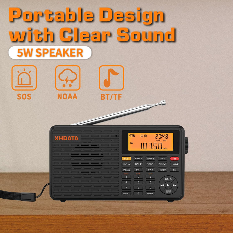 XHDATA D109WB Portable AM/FM/SW/LW/WB Weather Radio Shortwave Radio Receiver with NOAA Alert, Battery Operated Great Sound Wireless BT Mp3 Speaker, SOS Alert Alarm Clock Sleep Function