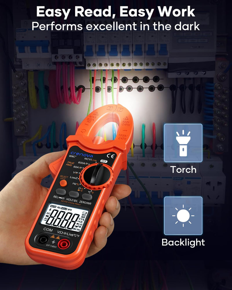 Crenova Digital Clamp Meter, TRMS Clamp Multimeter, 6000 Counts Amp Tester for AC/DC Current/Voltage, Resistance, Capacitance, Frequency, Duty Cycle, Temperature Continuity, Diode, NCV, Live Wire Test