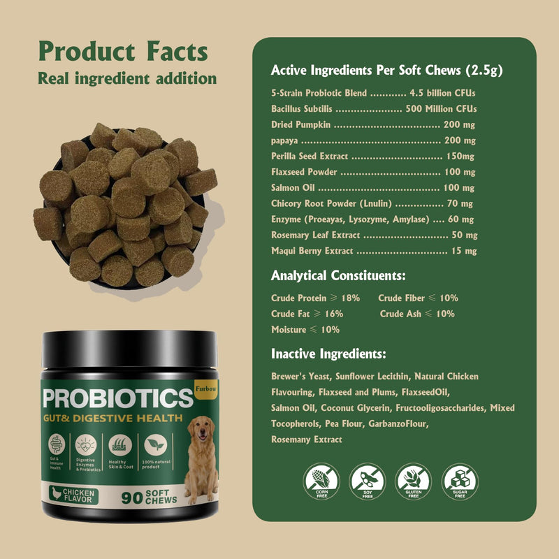 Probiotics for Dogs - Dog Probiotics for Yeast, Itchy Skin and Itchy Ears, Digestive Health, Diarrhea Relief, Gut & Immune Support - with 7 Enzymes, 6 Prebiotics & Omega-3 (Chicken Flavor 90ct)