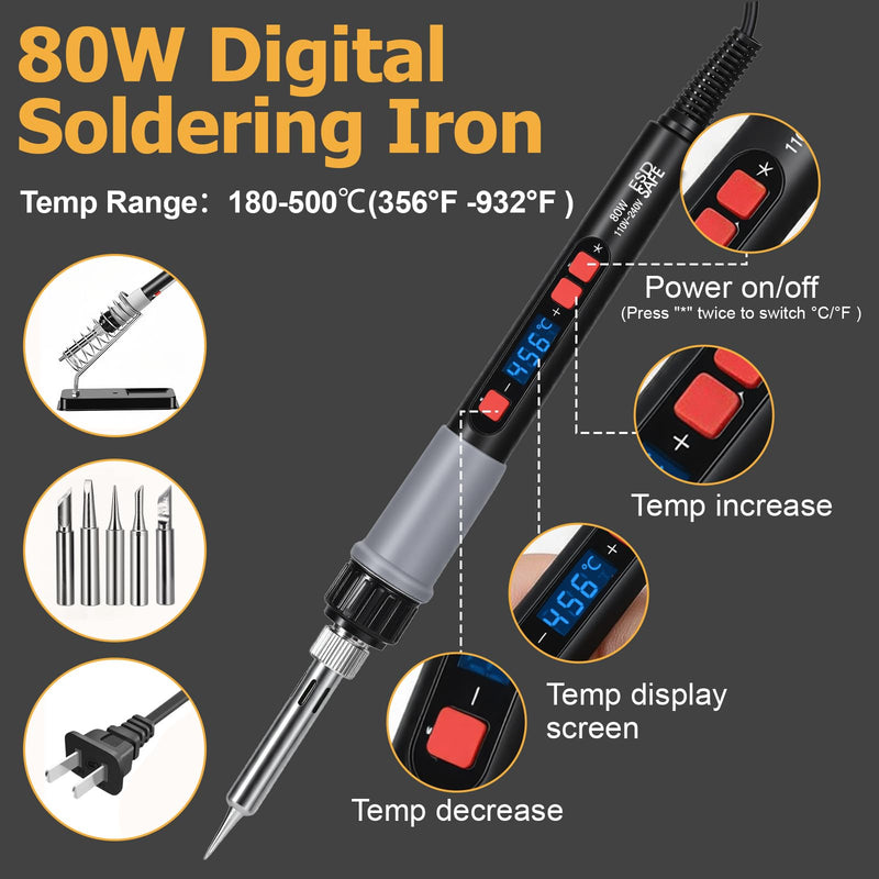 336Pcs Threaded Inserts with 80W Digital Adjustable Soldering Iron Kit, Histely Heat Set Inserts Brass Nuts with M2 M3 M4 M5 Insert Tips, Holder and Tweezer, for 3D Printer or Plastic Parts