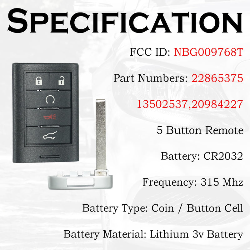 Keyless Entry Remote Push Start Button Smart Proximity Control Key Fob Replacement Fits for Cadillac SRX 2010 2011 2012 2013 2014 2015 ATS XTS 2013-2014 ELR NBG009768T 22865375