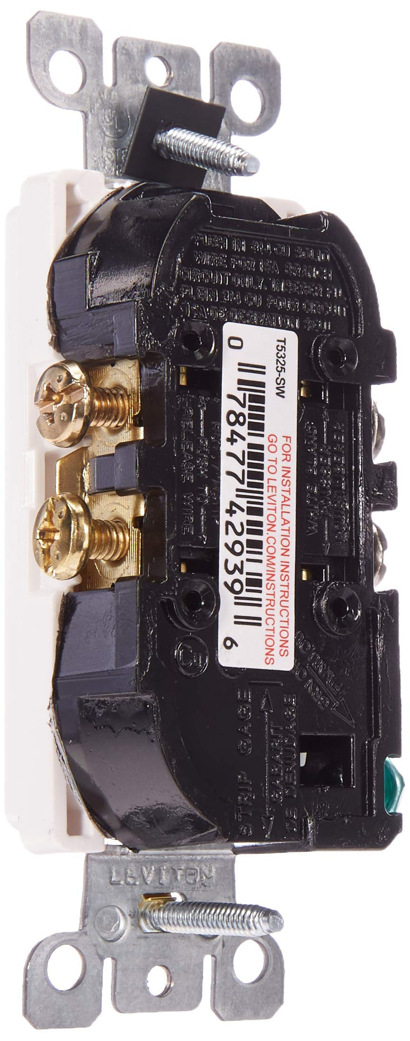 Leviton T5325-SW 15 Amp NEMA 5-15R 2 Pole 3-Wire Tamper Resistant Decora Duplex Receptacle, Self Grounding, White
