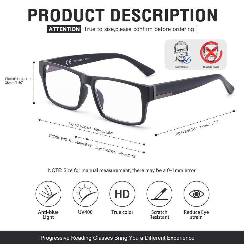 SKYOAK Excellent TR90 Unbreakable Progressive Multifocus Reading Glasses for Men, Thick Frame Anti Blue Light/UV Readers, 2 PACK Quality Chunky Computer Glass No-Line Multifocal Eyeglasses C1, +1.75x C1 - Progressive Readers 1.75x