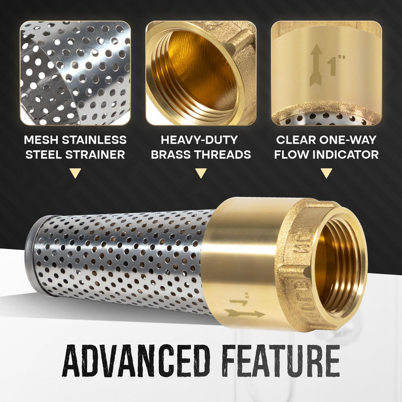 1 Inch Foot Valve No-Lead Brass Heavy Duty Backflow Preventer 1" Foot Valve Female Connection for Maintain Pressure & Prevent Reverse Flow, Compatible with All Brands
