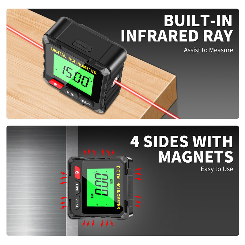 Digital Level Box Construction Protractor Range 4 × 90° Resolution 0.05° Angle Finder Gauge Inclinometer with 4PCS Magnets and Infrared Rays for Construction,Woodworking,Building and etc.