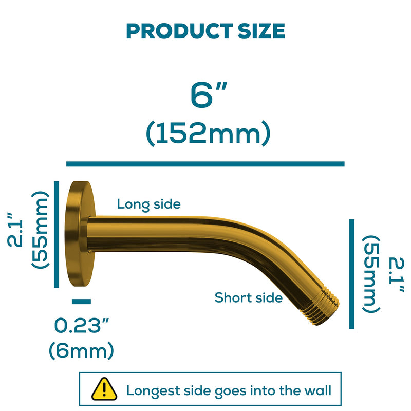 SparkPod 6 Inch Shower Arm with Flange - Solid Stainless Steel Shower Head Extension Arm - Wall-Mounted for Fixed & Handheld Showerheads - Teflon Tape Included (Standard 6", Egyptian Gold)