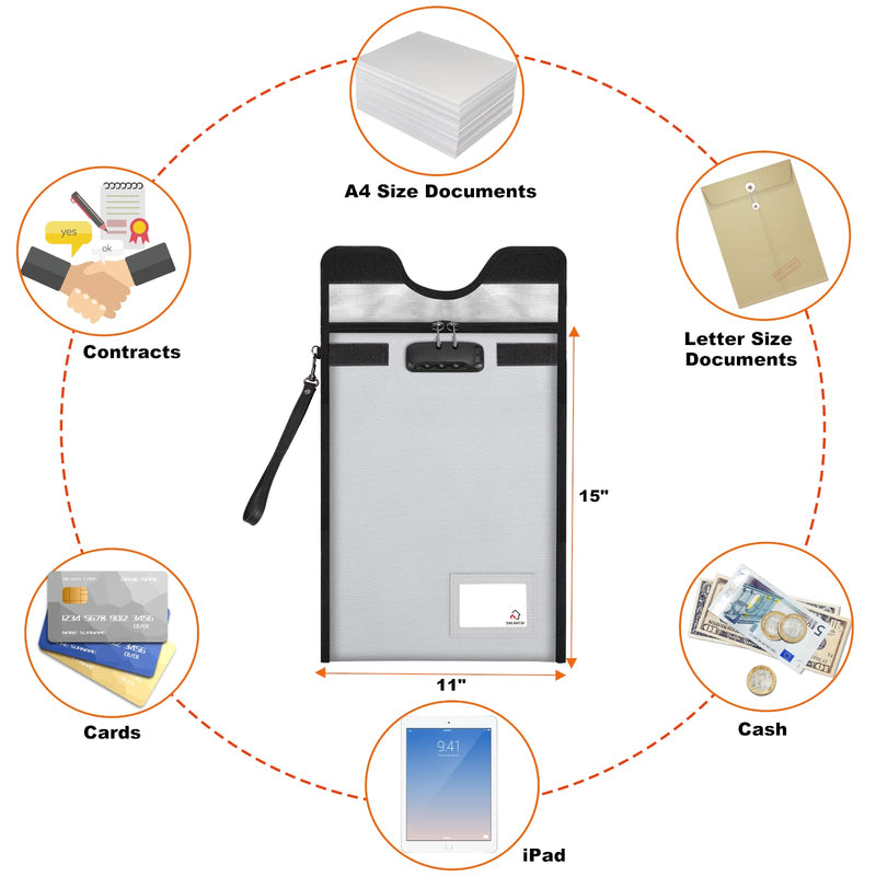 Fireproof Document Bag with Lock (5200℉), 15”x 11”Fireproof Money Bag, Waterproof Zipper Pouch for A4 A5 Legal Letter Size Document, Tablet, Valuables, Jewelry, Cash and Passport Silver 15"x11"