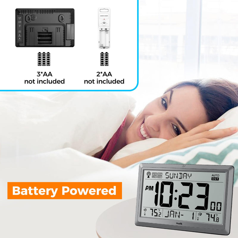 Wall Clock Atomic with Indoor Outdoor Temperature Battery Powered, Easy Reading with 10.5 Inch Large LCD Display, 330FT Range Table Wall Clock With DST, 12/24 Hour for Living Room Kitchen (Silver) Silver
