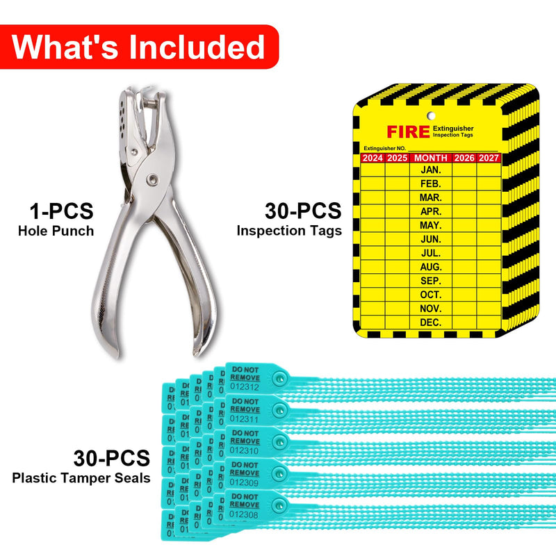 30 Sets Fire Extinguisher Tags Monthly Inspection Tear-Resistant Numbered Plastic Tamper-Evident Cable Ties Easy to Punch Includes Handheld Hole Puncher Blue