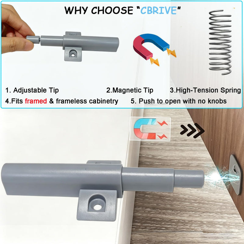 Push To Open Door Latch Cabinet Hardware CBRIVE Magnetic Push Latch & Lock for Hidden Framed & Frameless Kitchen Door Magnet Touch Release Drawer Opener Strong Spring Slim Tip-On Closure (Gray, 8Pack) 8 Pack Gray