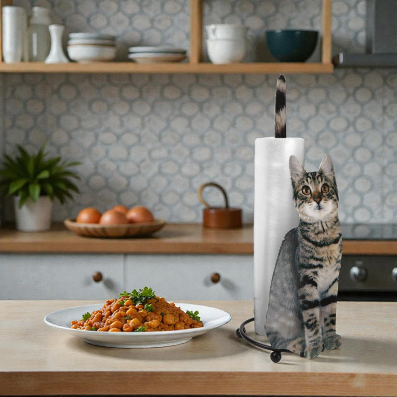 Cat Paper Towel Holder Countertop, Grey Design Stand Roll Organizer, Cat Shape Tissue Dispenser, Cute Grease Container for Modern Kitchen Table, Bathroom Toilet, Funny Decorative Themed Metal Storage