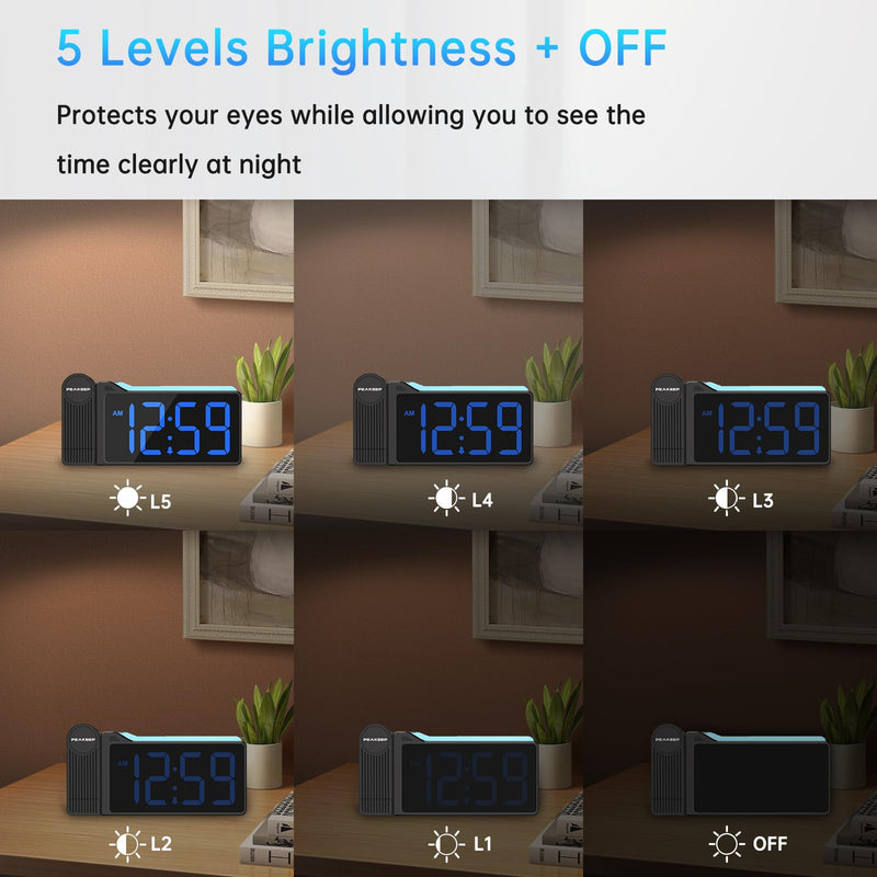 Peakeep Projection Alarm Clock for Bedroom Ceiling 180° Rotatable, Loud for Heavy Sleepers, Colorful Nightlight, 5 Brightness Dimmable Large Number Bedside Electric LED Digital Clock with USB Port Blue Digits; Blue Projection