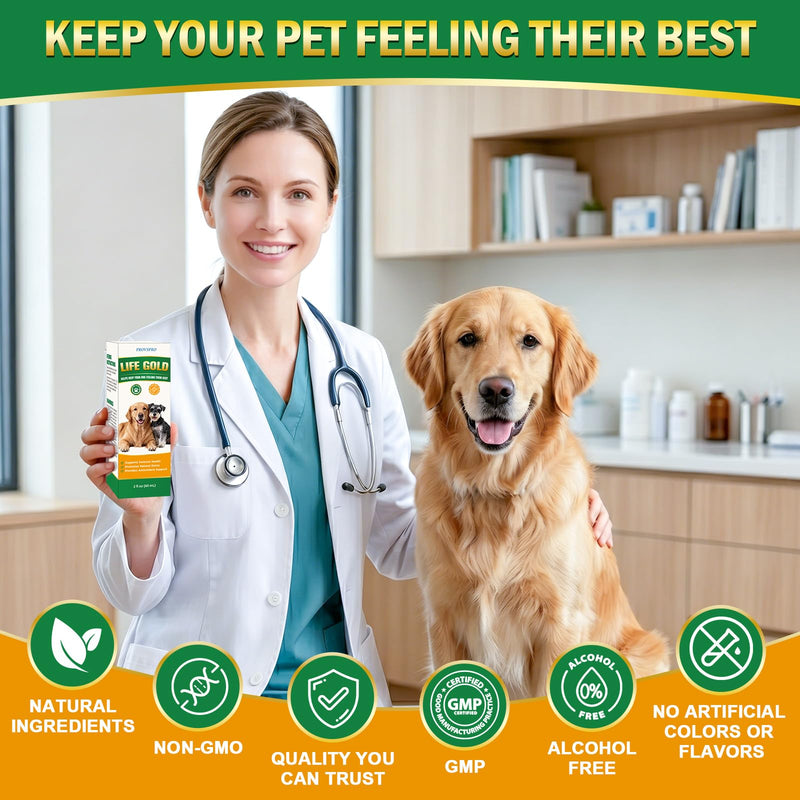 Life Gold for Dogs, Immune Support Liquid Supplement for Senior Dogs, Herbal Antioxidant & Daily Wellness Formula with Astragalus, Sheep Sorrel & Burdock Root, Vet Formulated, 2 fl oz