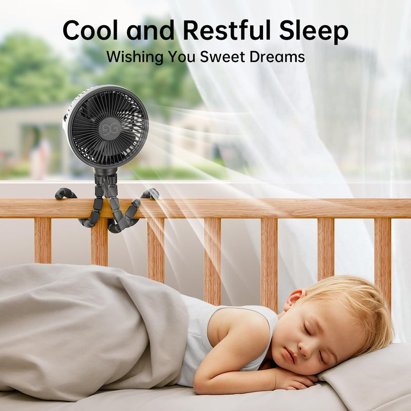 GUSGU Baby Stroller Fan with Clip, Rechargeable & Battery Operated Portable Fan with 16H Max Runtime, Hands Free 360° Adjustable Quiet Personal Fan for Travel, Car Seat, Crib, Trolley, Bedroom Black