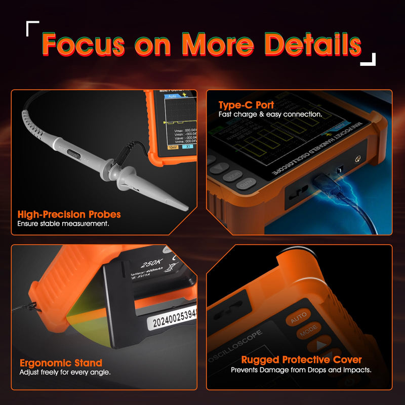 BTMETER Mini Handheld Digital Oscilloscope - 250 kHz Bandwidth, 2.5 MSa/s Sampling, 2.8" LCD, AUTO/Normal/Single Trigger, ±40 V Input (X1), Portable Pocket Scope for Electronics Repair & Education Orange