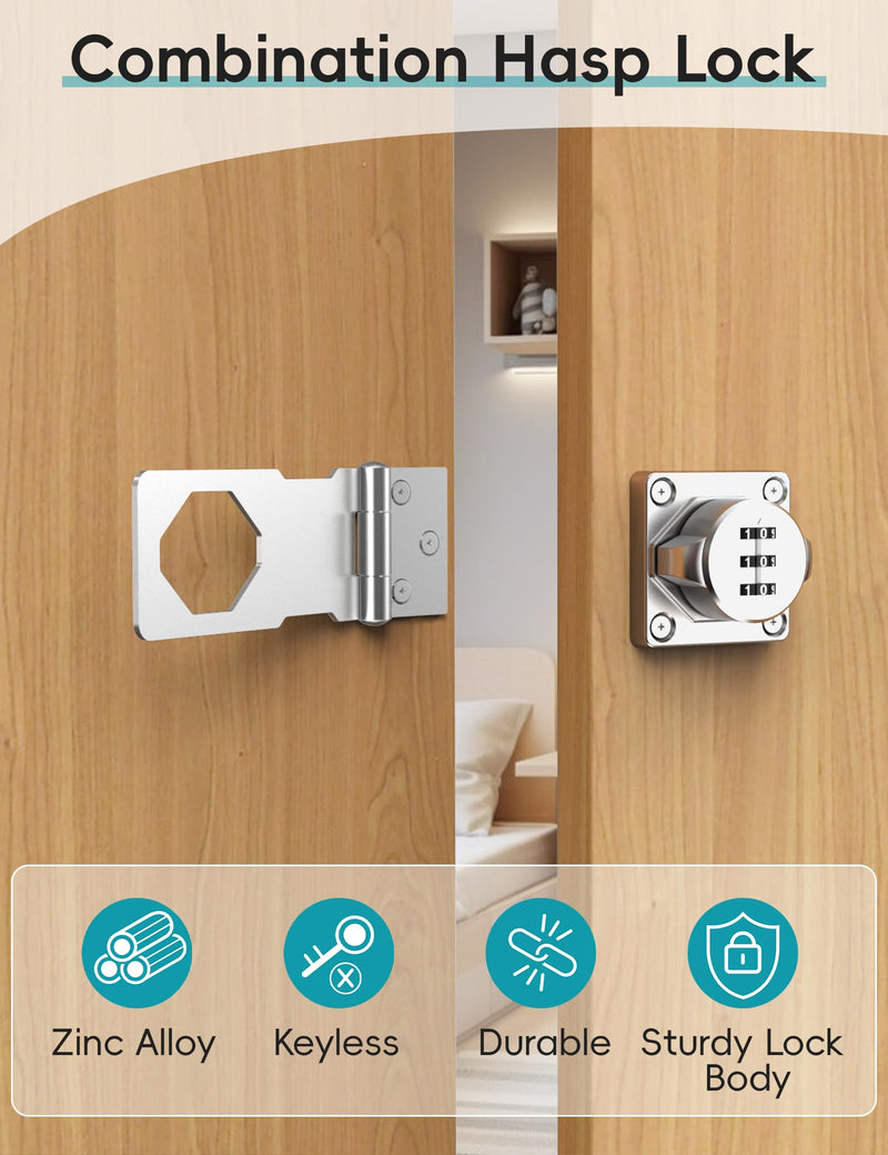 Combination Cabinet Door Lock, Gate Latch Lock with Code, Keyless Security Lock for Gate, Door, Cabinet, Bathroom, Outdoor, Garage, Fence,(Sliver, 2 Pack) Silver