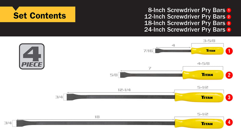 Titan 17101 4 pc. Pry Bar Set, Includes 8-Inch, 12-Inch, 18-Inch, and 24-Inch Screwdriver Pry Bars