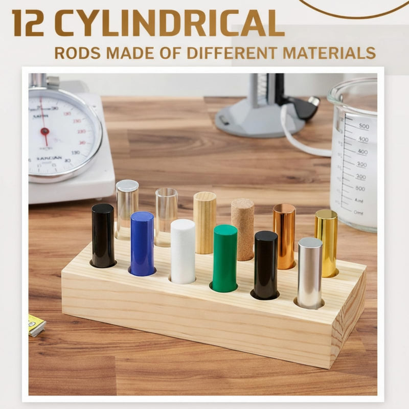 Yinkin 12 Pcs Cylindrical Bars Density ID Set, Hardwood, Softwood, Aluminum, Red Copper, Brass, Rubber, Pom, Nylon, PVC, Glass, Acrylic, PTFE with Block, for Density, Electrostatic Friction Experiment
