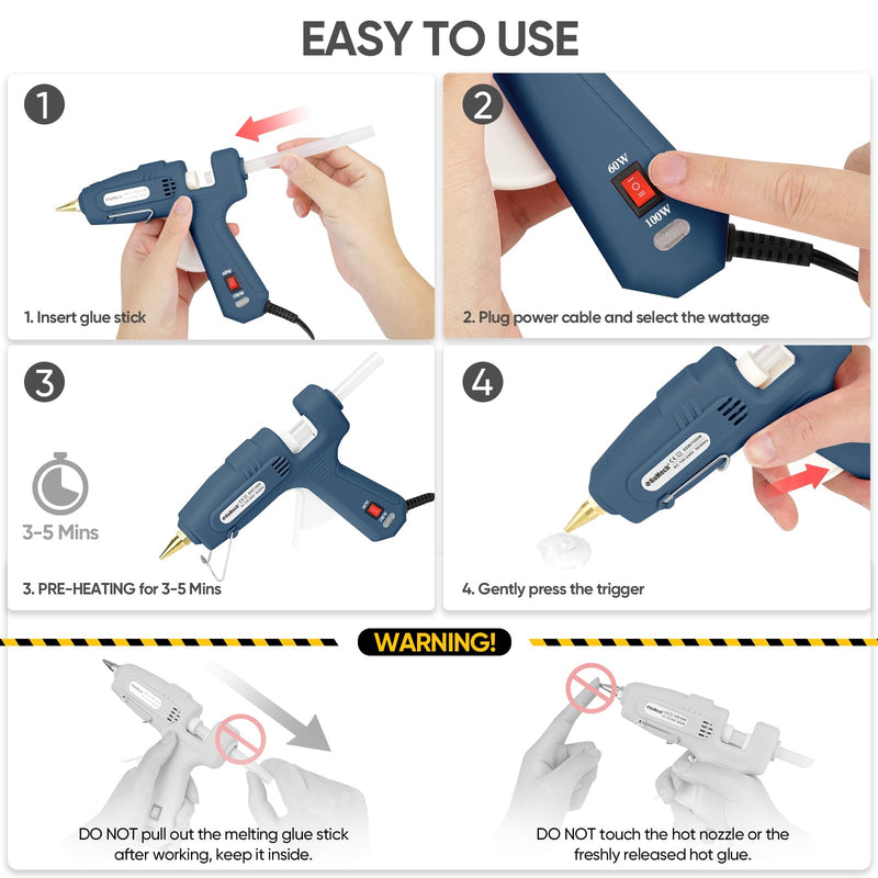 ROMECH 60/100W Dual Temp Hot Glue Gun and Sticks Set, Full Size with Case Blue