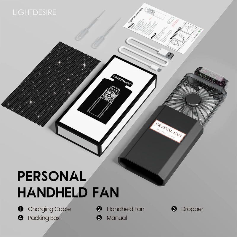 LIGHTDESIRE DIY Bling Crystal Rhinestones Handheld Fan, Mini Personal Fan, Cooling Small Fan Rechargeable 3 Speeds Mode with Crystal Rhinestones Sticker Sheet(Black Fan with DIY Diamon) Black