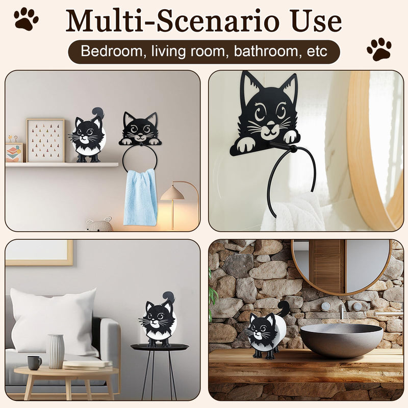 3 PACK Cat Toilet Roll Holder And Cat Metal Towel Ring 3D Printed Black Cat Paper Towel Holder Cat Bathroom Decor Funny Toilet Paper Holder Cat Bathroom Set of 3 Christmas Thanksgiving Gifts for Women