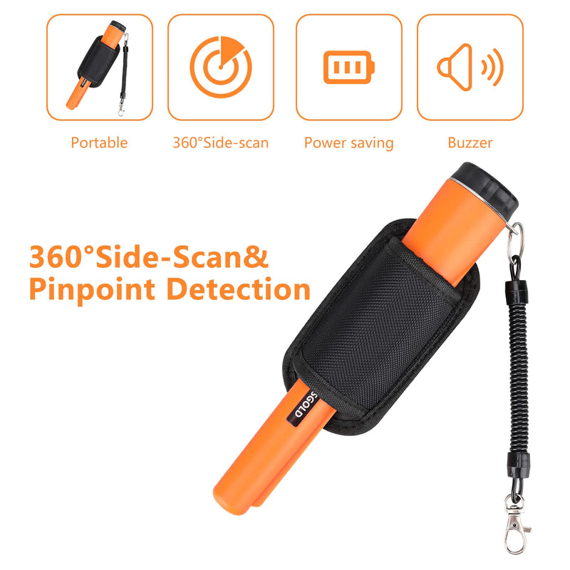 Metal Detector Pinpointing,Waterproof Pinpointer 360 Degree Search Gold&Treasure Finder with Belt Holster &LED Indicator& Buzzer Vibration, for Adults and Kids (Orange) Orange
