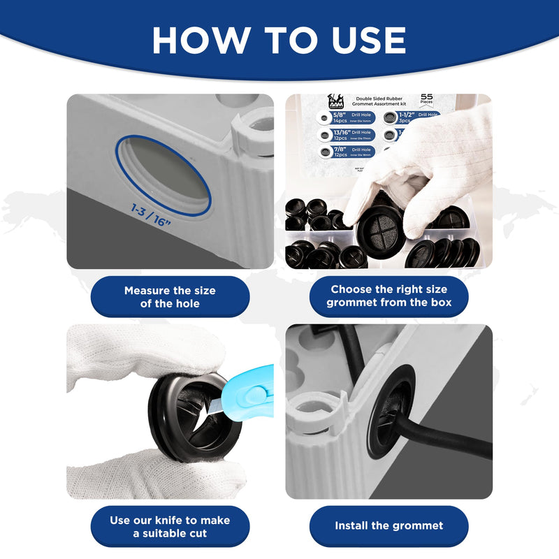 55Pcs Rubber Grommets for Wiring - Double-Sided Rubber Grommet Kit in 6 Assorted Sizes 5/8",13/16",7/8",1",1-3/16",1-1/2"- Firewall Grommet Automotive - Ideal Solution for Wire Protection (Black) 55PCS Double Sided