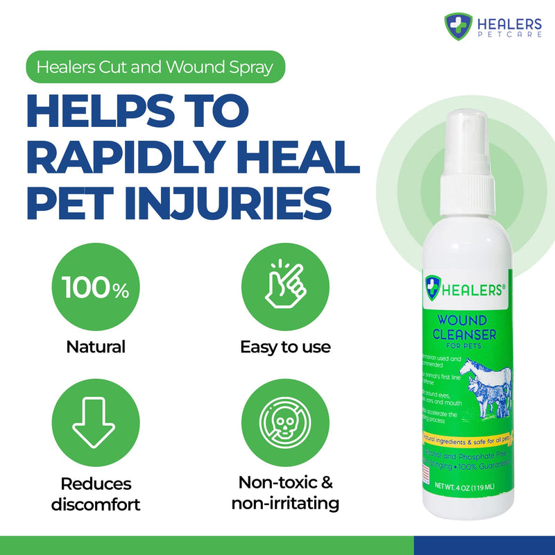 Healers PetCare Wound Cleanser - All Animal Wound and Skin Care Spray - Clean, Flush and Moisturize - Natural & Non-Toxic Pain Relief Cleaner for Dogs, Cats, & More Pets (4oz) 4 oz - PawsPlanet Australia
