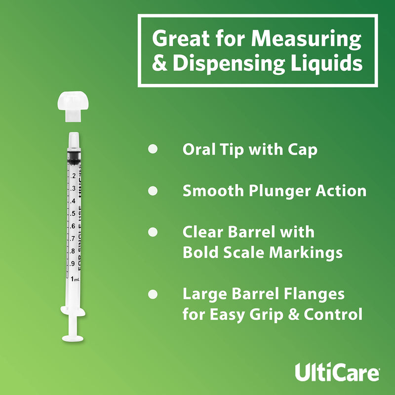 UltiCare 1mL Oral Syringe – Uses Include Oral Administration of Medicine for Infants, Toddlers and Small Pets, and Small HH Projects. Oral Tip with Cap, Sterile Individually Wrapped, 100 Count 1ml (100 Count)