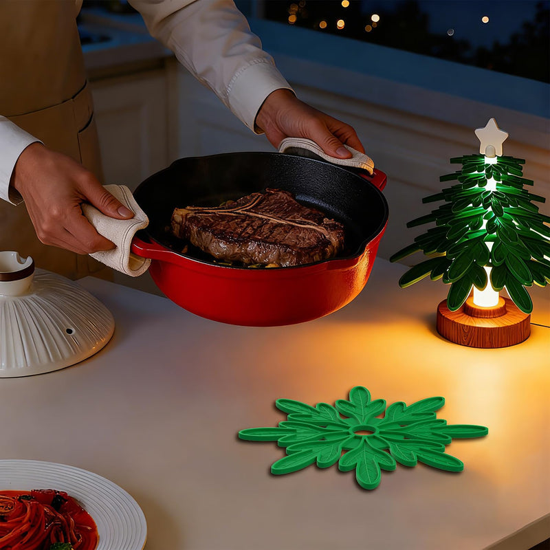 Christmas Silicone Tree Trivets with LED-6 Heat Resistant Pot Holders, Food Grade Silicone with Unfold Structure Pot Mat Non-Slip Suitable for Hot Pots, Pans, Dishes, Drinks (not Including Battery)