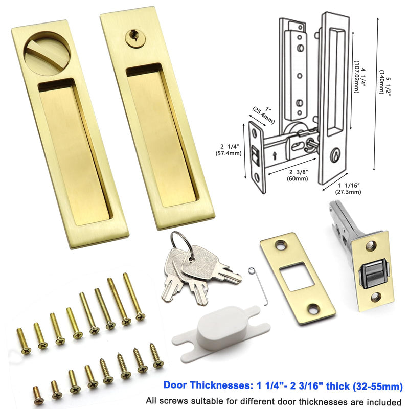 Dontay Pocket Door Handle with Lock and Edge Pull, Narrow Modern Rectangular Keyed Entry Function, Recessed Sliding Door Hardware for 1 3/8” to 2 3/16” Thickness Door (1, Satin Brass)