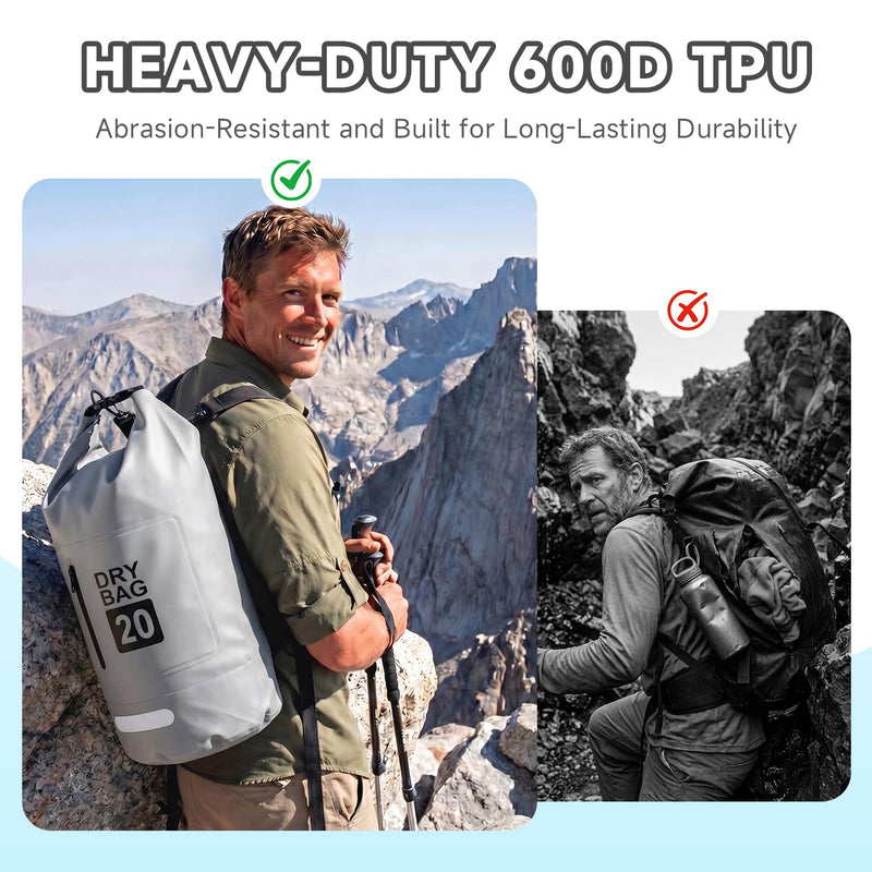 Waterproof Dry Bag Backpack 20L, Roll Top Floating Waterproof Backpack for Kayaking, Rafting, Boating, Lightweight Dry Sack Backpack for Hiking, Camping, Beach & Travel Gray 20.0 liters