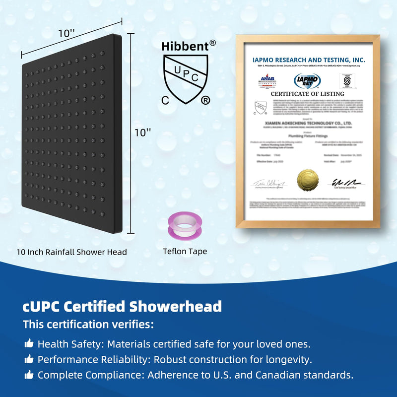 Hibbent cUPC Certified High Pressure 10'' Rain Shower Head, Matte Black Square 10''