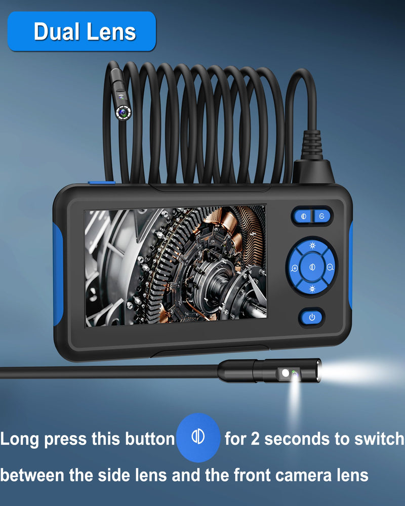 Dual Lens Industrial Endoscope, 1080P Digital Borescope Inspection Camera, 8.0mm IP67 Waterproof, with 4.3" LCD Screen Display, 8 LED Lights,16.5FT Semi-Rigid Cable Blue