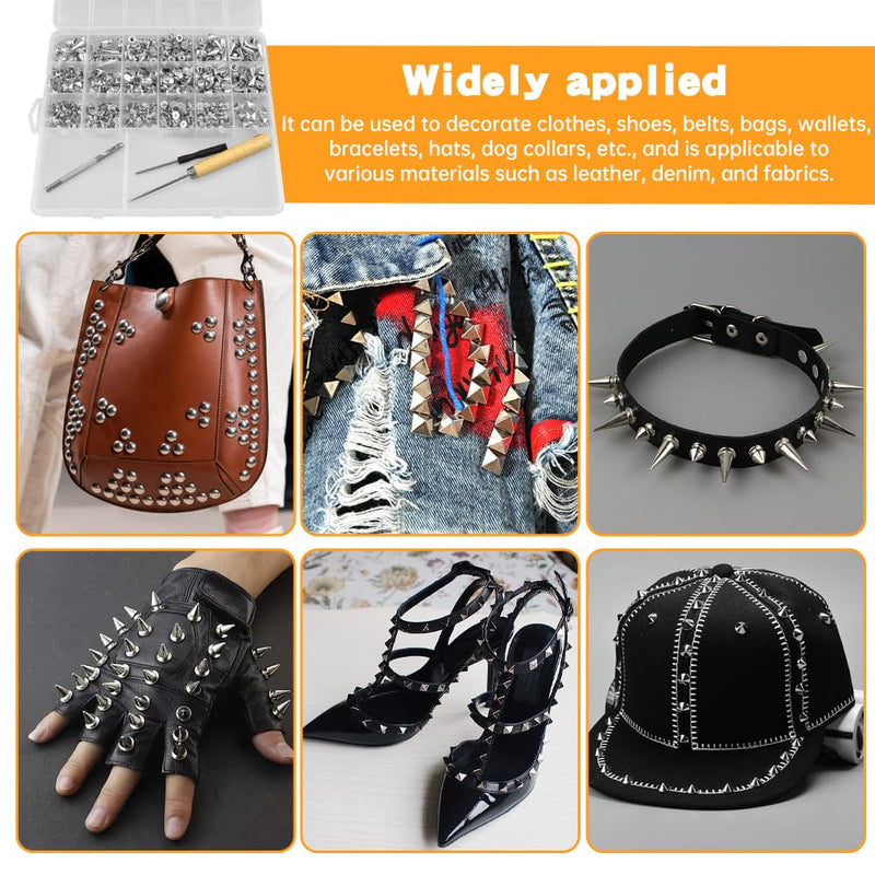 455Pcs Punk Studs for Clothing, 11 Size Metal Spikes and Studs Leather Rivets for Craft, Square Pyramid Studs Round Dome Rivets DIY Punk Style Decoration for Clothes Shoes Belts