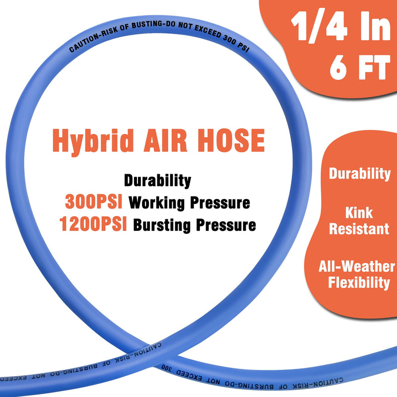 Air Compressor Hose 1/4 in x 6 ft, 300 PSI Heavy Duty Hybrid Air Hose with Quick Coupler and Plug Kit, Lightweight, Kink Resistant, All Weather Flexibility with Bend Restrictors, Blue 6FT
