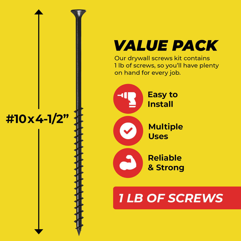Qualihome #10 Coarse Thread Sharp Point Drywall Screw with Phillips Drive #2 Bugle Head, 1 Lb/Pound, Black, Ideal Screw for Drywall Sheetrock, Wood and More (4-1/2 Inch) 4-1/2 Inch