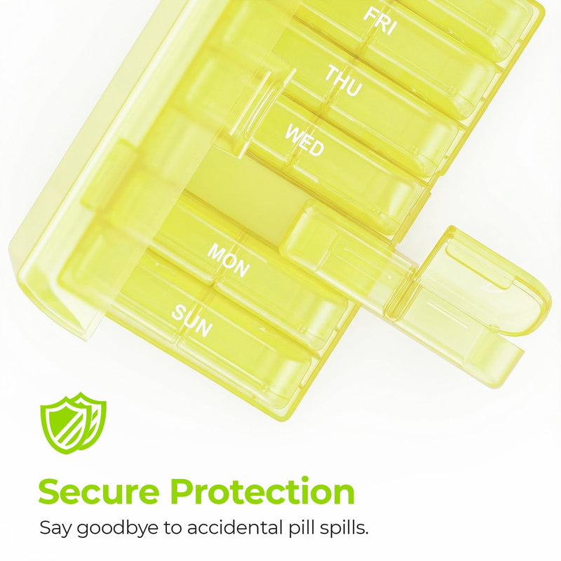 AUVON XL Weekly Pill Organizer 2 Times a Day, Pill Box 7 Day with One-Side Large Openings for Easy to Use, Black Privacy Protection AM PM Pill Case for Medication, Vitamins, Fish Oils, Supplements Light Yellow