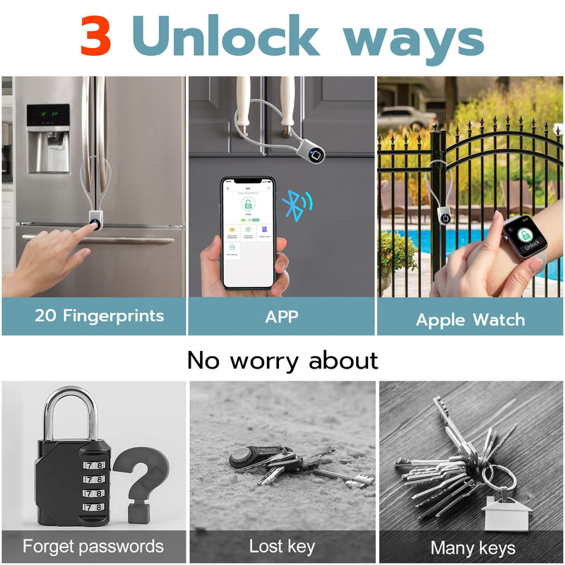 Fingerprint Cable Lock, Fridge Lock with Fingerprint Bluetooth APP Control, Smart Biometric Waterproof Child-Proof Refrigerator Locks for Kids & Adults Fridge French Door Cabinet Gate Silver