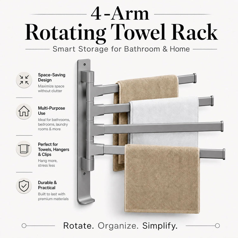 4 Arms Swivel Towel Rack Thicken Towel Holder with Hook Space Saving Towel Bar Wall Mount Swivel Towel Racks for Bathroom Kitchen-Grey Grey 4-arm
