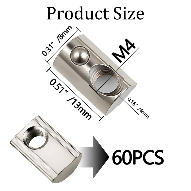 60pcs M4 Spring T Nut Rolling Ball Loading for Aluminum Extrusion Profile 3D Printer Machine Industry Accessorie
