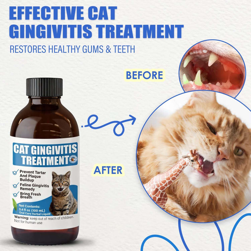 Cat Gingivitis Treatment Liquid 100ml - Cats Dental Care Clean Teeth & Gums, Eliminate Bad Breath, Natural Extracts Lessen Tartar & Plaque, Include 3 ml Dropper with Cap