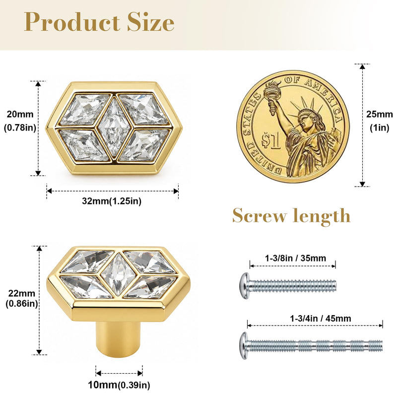 POZEAN Gold Diamond-Shaped Crystal Cabinet Knobs 4 Pack, Decorative Drawer Knobs with Metal Base Gold Diamond-Shaped Decorative for Kitchen Cabinets, Bathroom Vanity, Wardrobe, Closet and Drawers