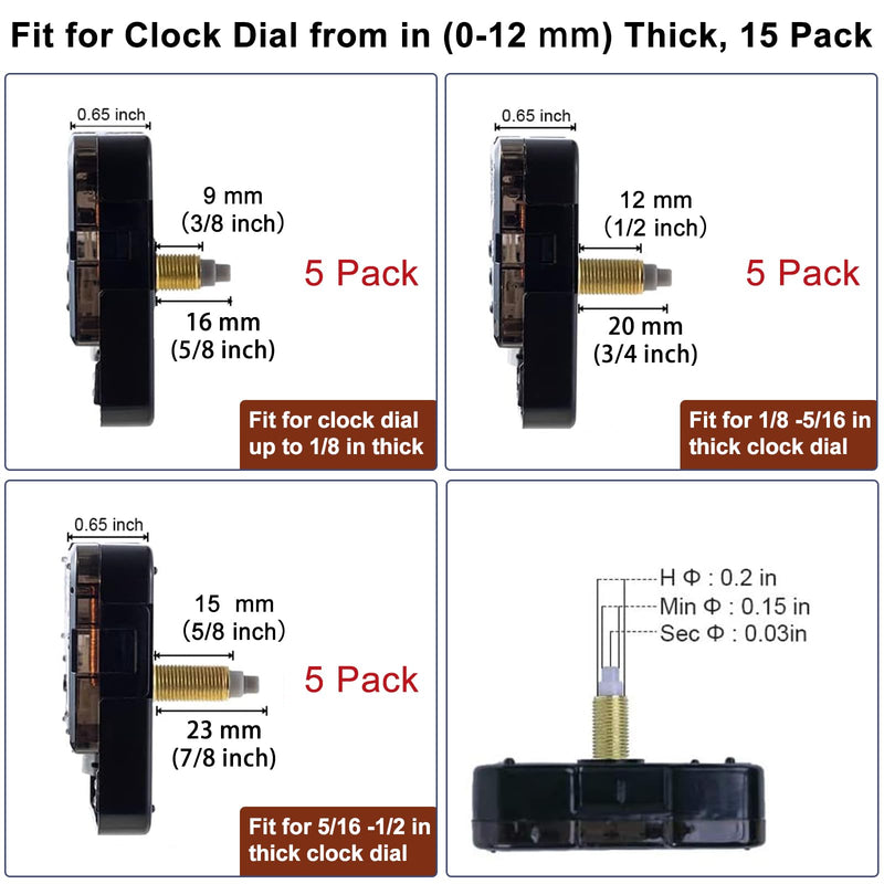 EMOON 15 Pieces Clock Mechanism Replacement Kit with 16 Pack Clock Hands, Silent Sweep Clock Motor Kit Battery Operated for Clock Repair DIY Replacement, Custom Clock Thread Length 3/8 in+1/2 in+5/8 inch