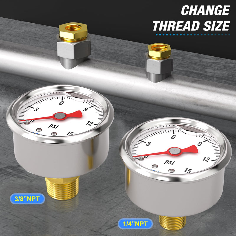 MEANLIN MEASURE 0~15Psi Stainless Steel 1/8" NPT 1.5" FACE DIAL, Glycerin Filled Pressure Gauge, Liquid Filled, Water Oil Air, Back Mount, with 1/8" x 1/4" NPT and 1/8" x 3/8" NPT Hex Bushing 0-15Psi