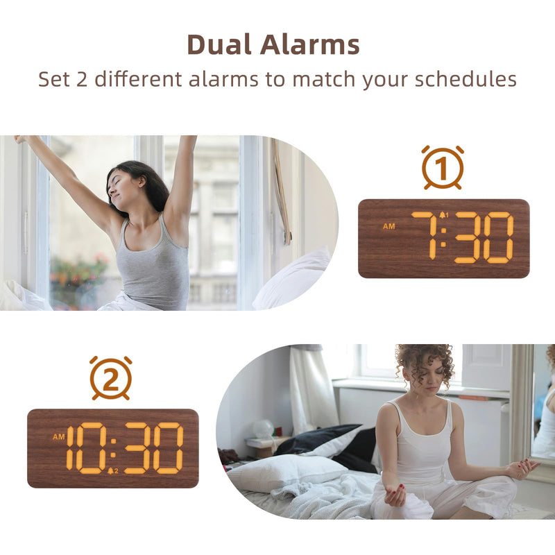 uscce Wooden Digital Alarm Clocks for Bedrooms: Dimmable Dual Alarm Clock with Large Numbers for Bedside Desk - Loud Alarm for Heavy Sleepers with Volume Control - Wood Decor & Gifts Brown - Amber Digits (Plug-in)