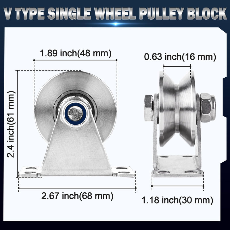 Groove Pulley Wheel for Rope Wall Mounted 2 Pack Stainless Steel Super Silent Cable Pullys Wheels System V Type Blocks Rollers Detachable Duplex Bearing for Gym Equipment Sliding Gate (with Screws) V Type - 2 Pack(with screws)